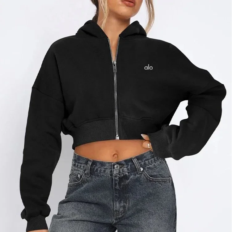 Alo Yoga Alo Crop Zip Hoodie Black Black - 1