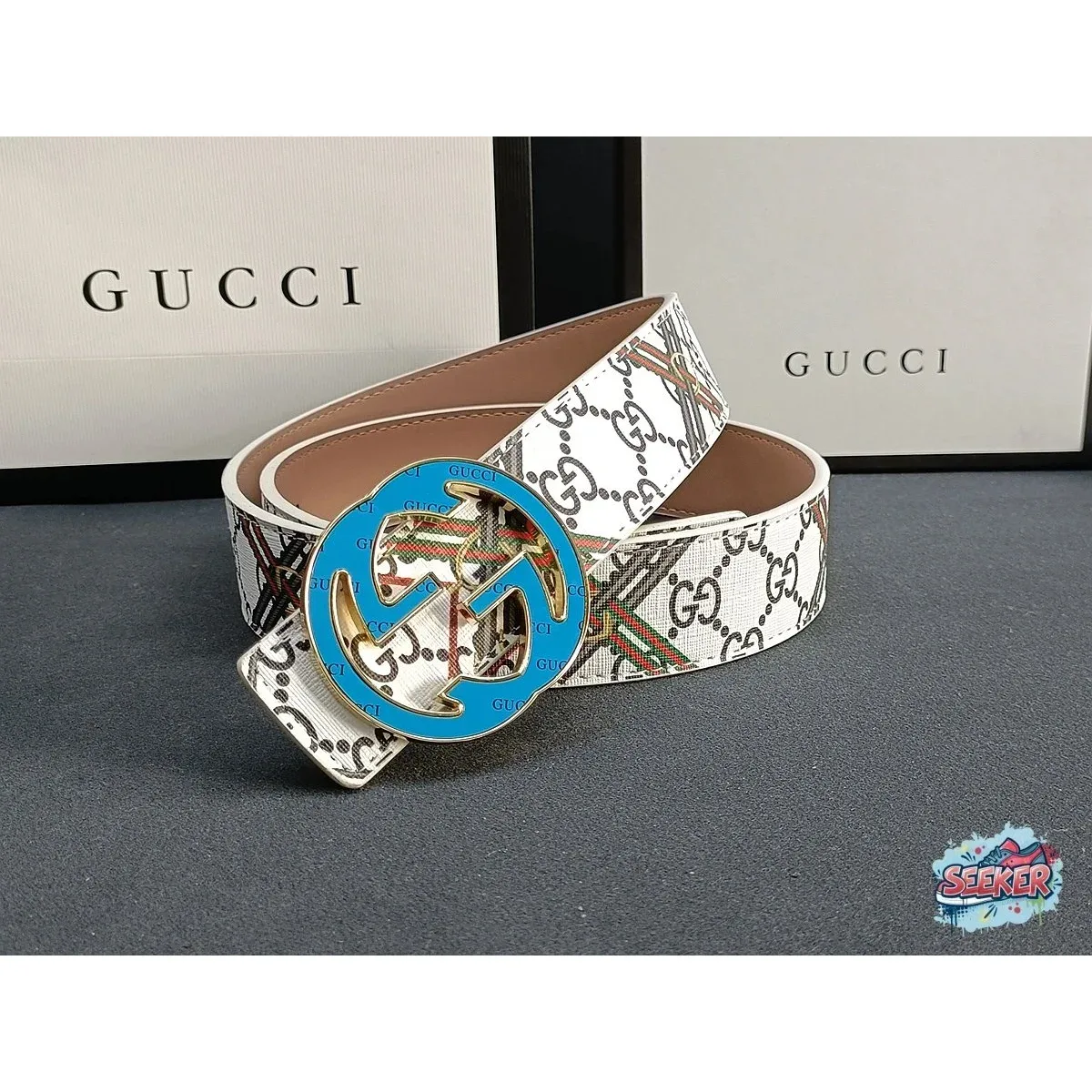 Gucci Gucci GG Belt White Blue Leather Belt White - 1