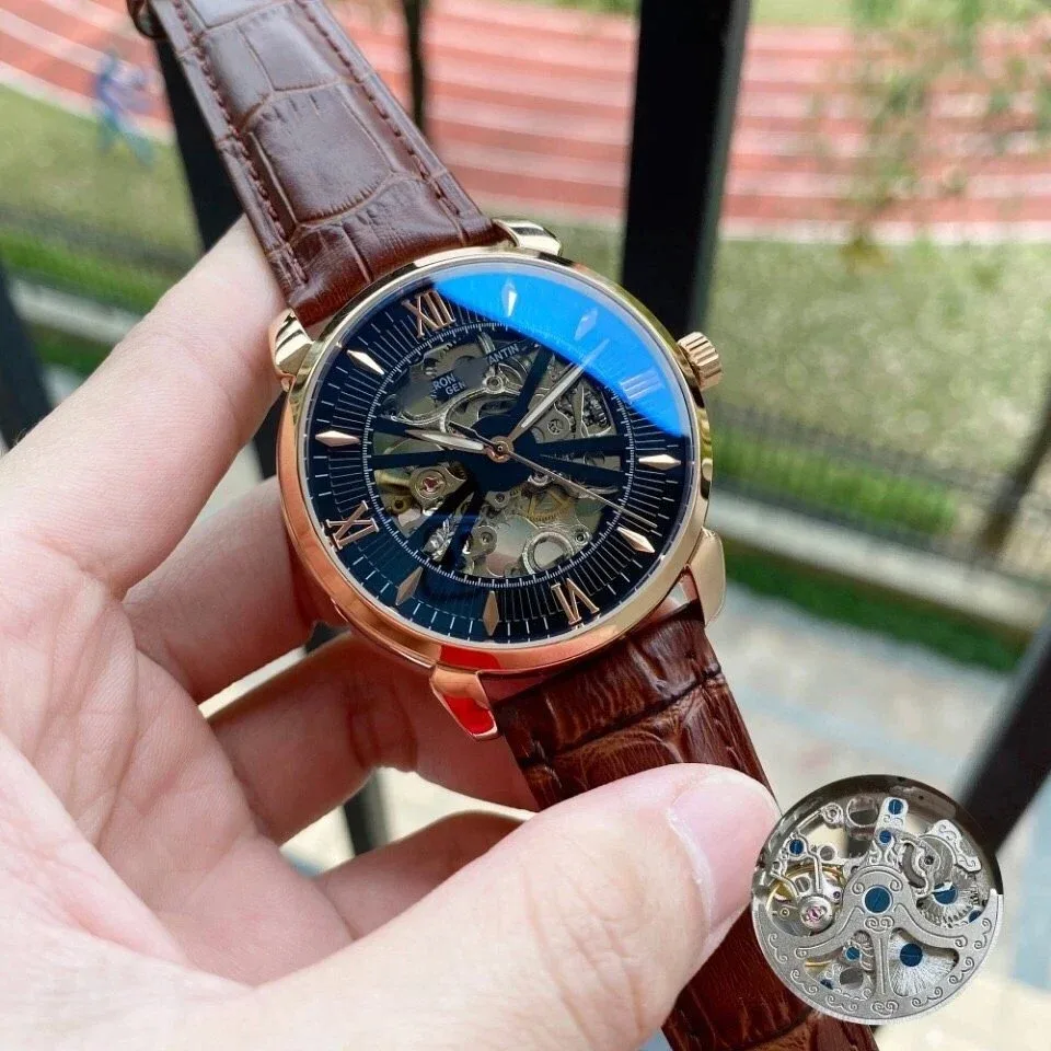 Other Unisex Brown Leather Blue Dial Skeleton Watch Brown - 1