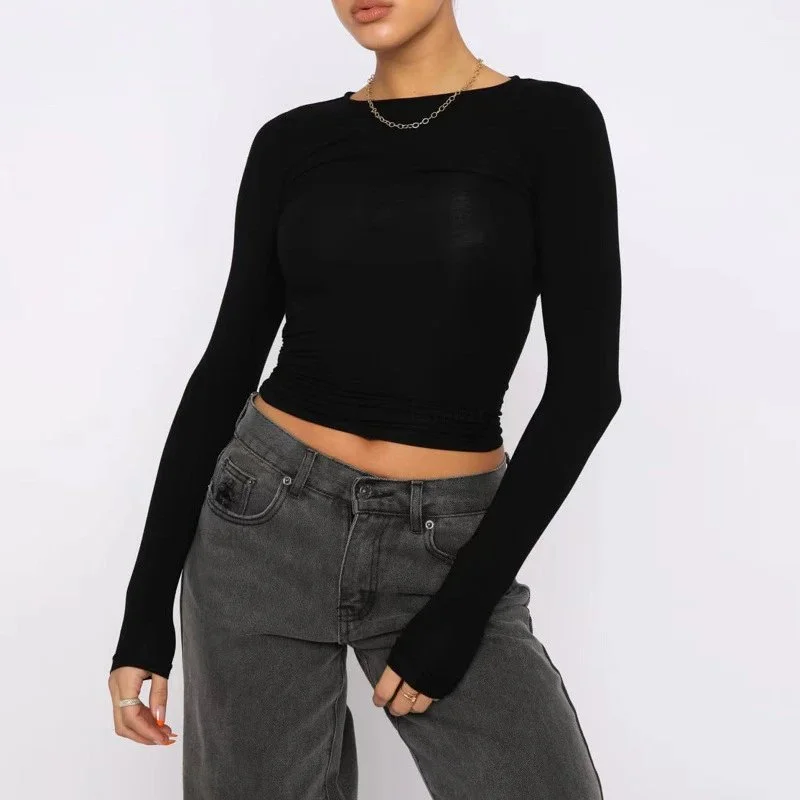 Other Black Long Sleeve Crop Top 1号 Black - 1