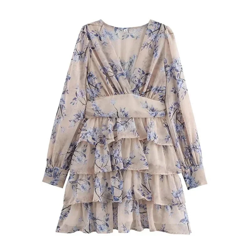 Other Floral Print Mini Dress with Tiered Skirt Beige - 1