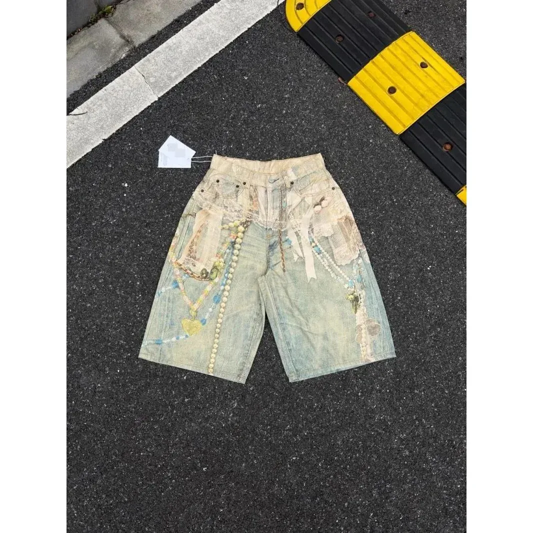 Other Lace Pearl Chain Embellished Denim Shorts Blue - 1