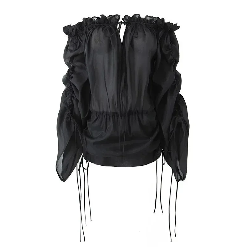 Other Black Off-the-Shoulder Blouse with Ruched Sleeves Black - 1