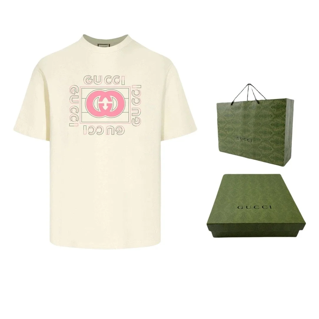 Gucci Gucci Pink Logo Cream T-Shirt Cream - 1