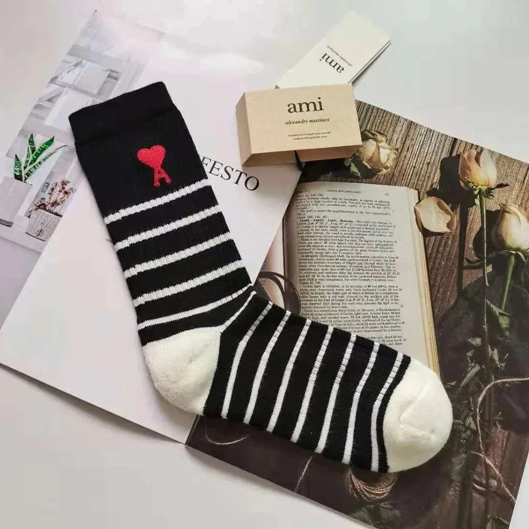 Ami Paris Ami Black & White Striped Socks with Heart Logo Black - 1