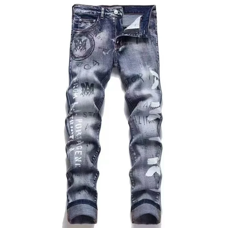 Other Graffiti Print Jeans Slim Fit Denim Blue - 1
