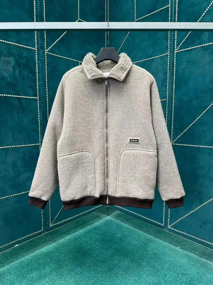 Miu Miu Miu Miu Shearling Collar Zip-Up Coat Grey Grey