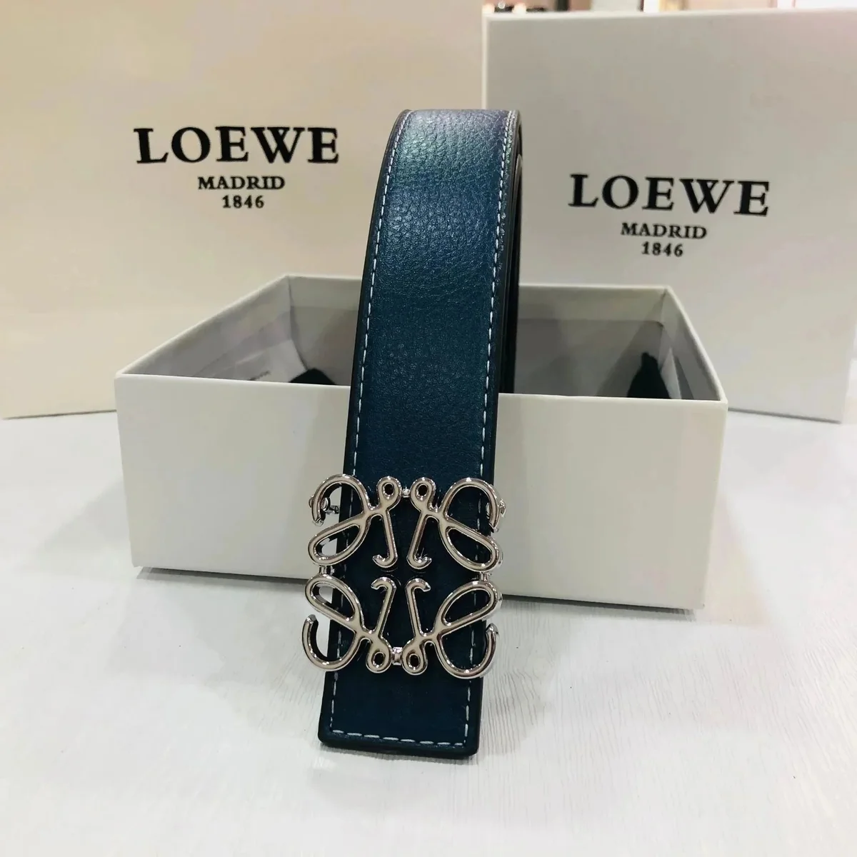 Loewe Loewe Anagram Navy Silver Buckle Belt Navy