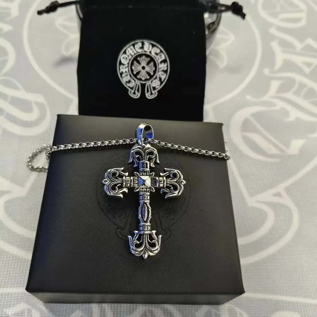 Chrome Hearts Chrome Hearts CH Cross Large Flame Cross with Pearl Chain Necklace Silver