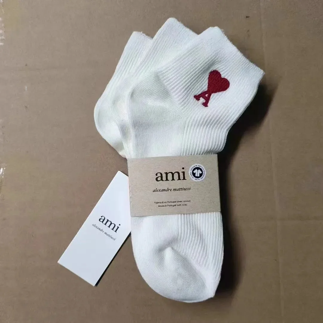 Ami Paris Ami White Red Logo Socks (One Card Three Pairs) White - 1
