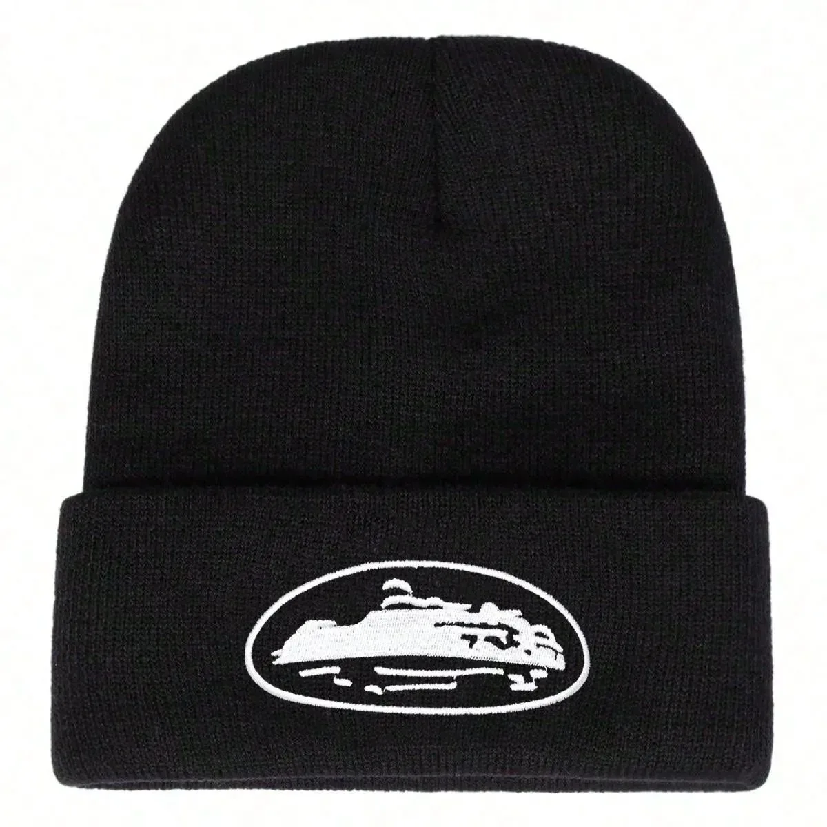 Other Beanie Black with White Embroidered Logo Headwear Black - 1