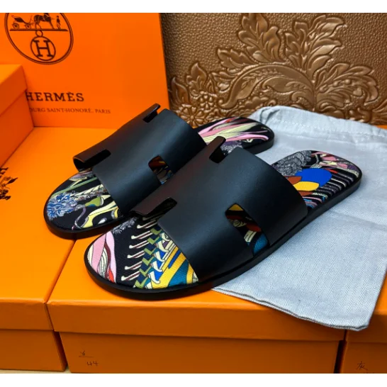 Hermès Hermès T Series Colorful Print Slippers Black