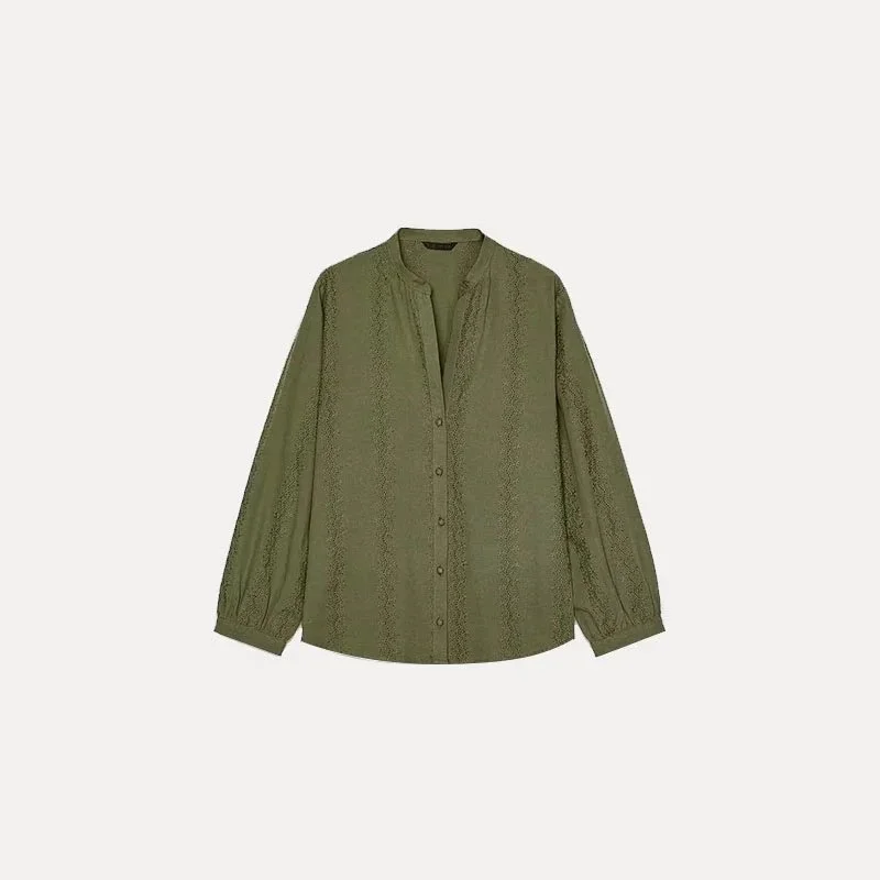 Other Olive Green Lace Detail Button-Up Shirt Green - 1