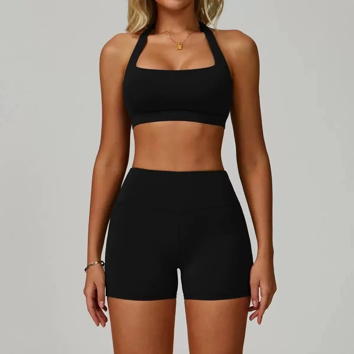 Other Athletic Set: Square Neck Sports Bra & High-Waisted Shorts - Advanced Black Black - 1