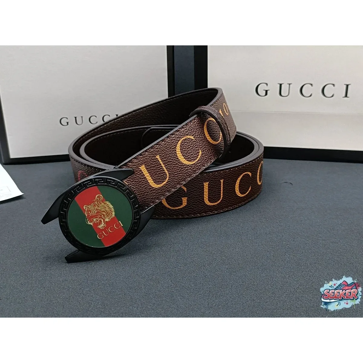 Gucci Gucci Tiger Print Belt Brown Leather Accessory Brown - 1