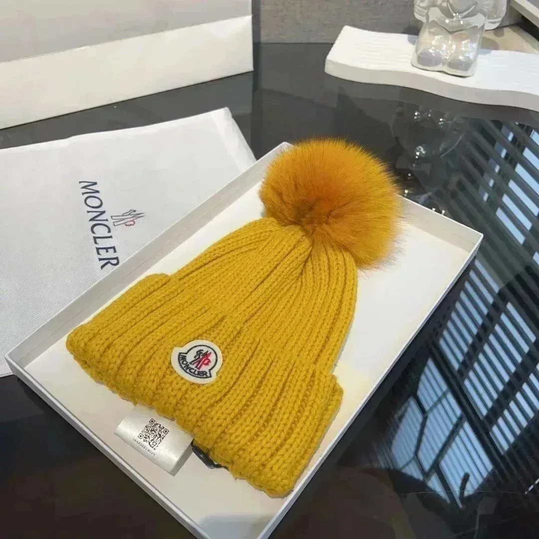 Moncler Yellow Fur Pom Beanie Hat