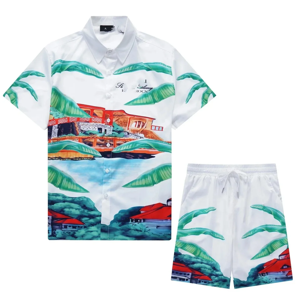 Other Unknown Brand Tropical Print Shirt & Shorts Set White - 1