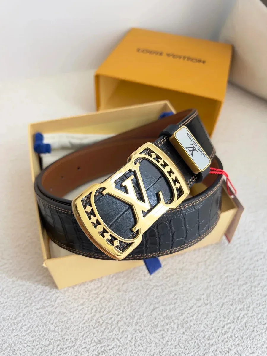 Louis Vuitton Louis Vuitton Black/Gold Crocodile-Embossed Belt Black