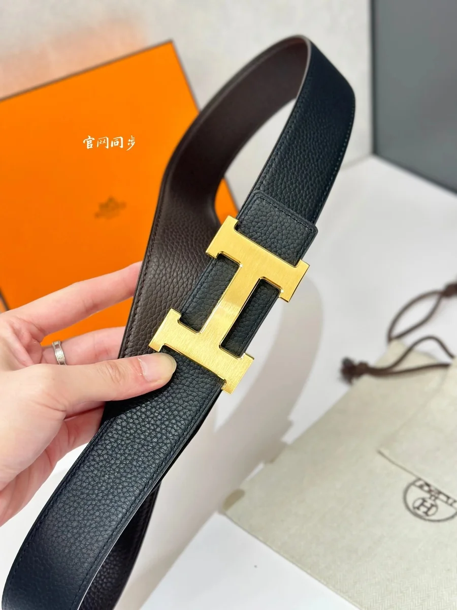Hermès Hermès H Black Coffee Brushed Gold Buckle Belt Black