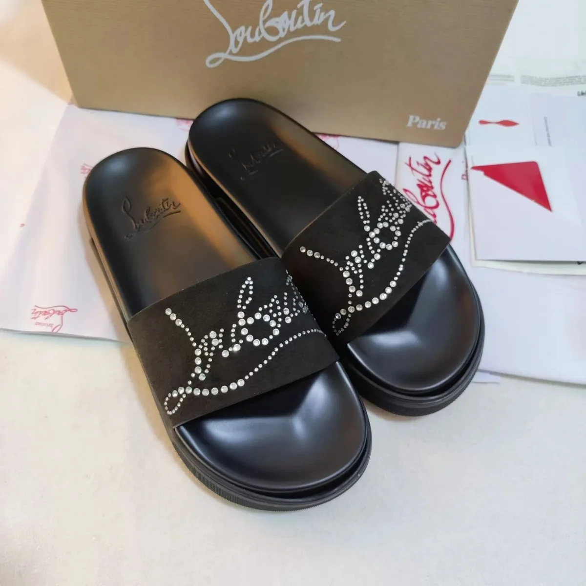 Christian Louboutin Christian Louboutin Black Crystal Embellished Slides Black - 1
