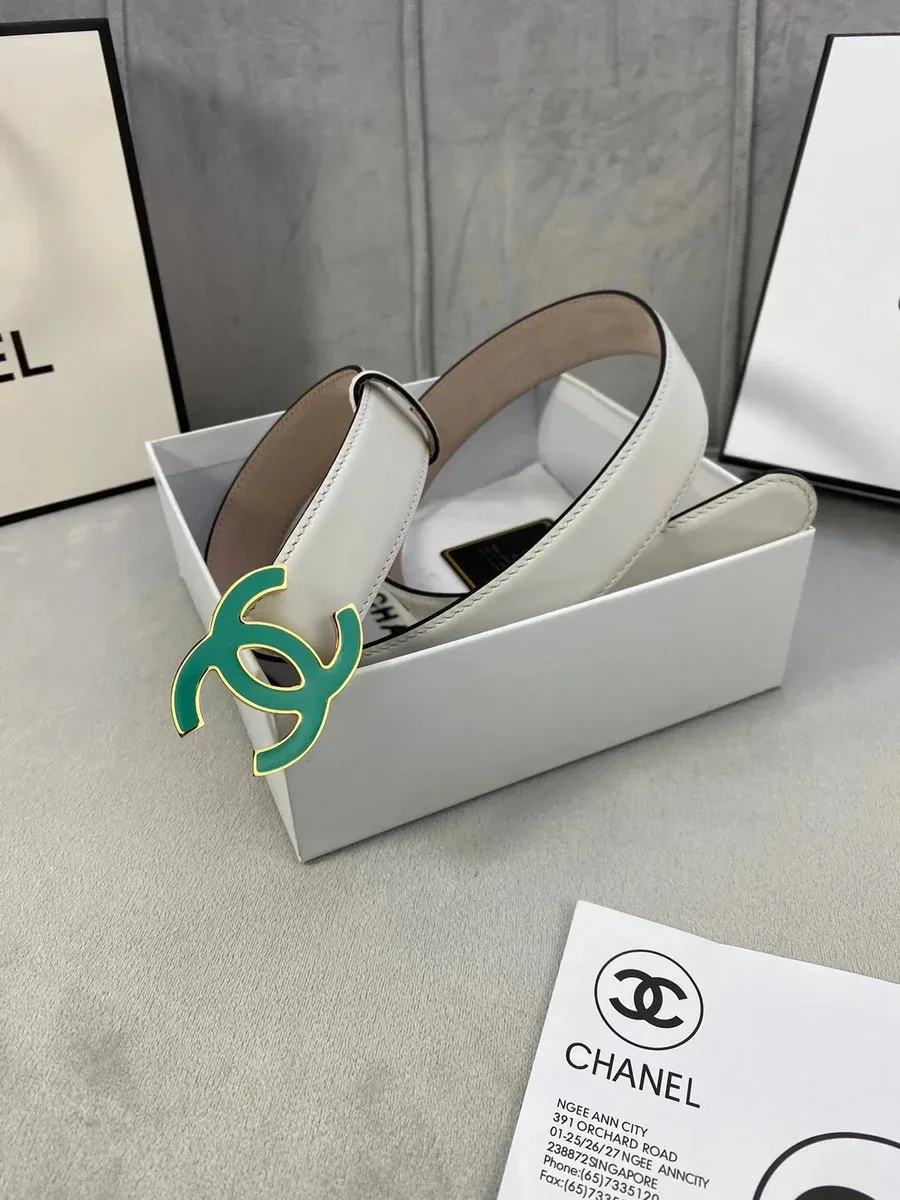 Chanel Chanel White with Green & Gold Logo Belt White