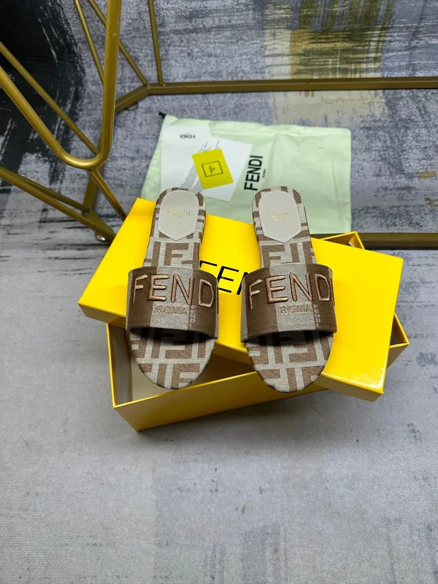Fendi Fendi Iconic FENDI Logo Slides Beige/Saddle Sandals Brown - 1