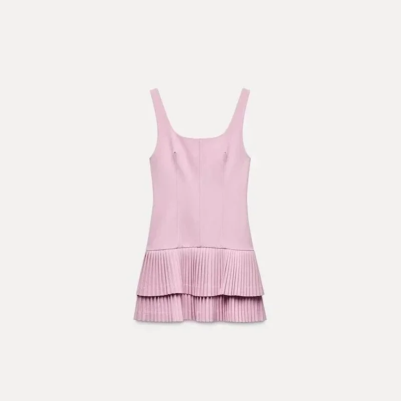 Other Unisex Dirty Pink Pleated Mini Dress Pink - 1