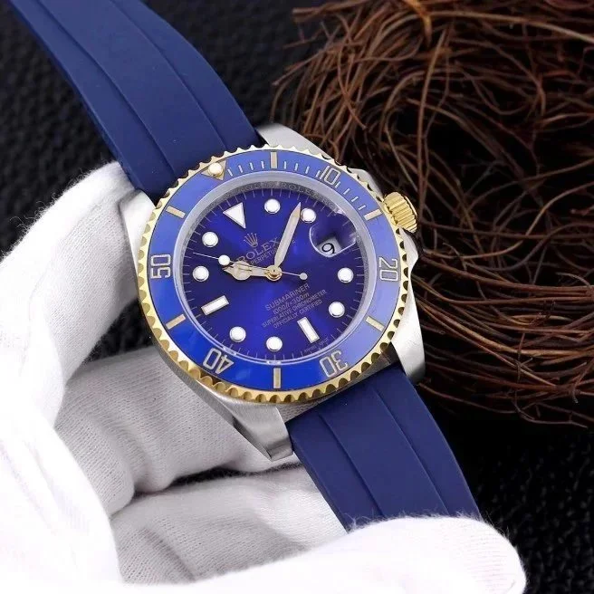 Rolex Rolex Submariner Blue Dial Gold Bezel Rubber Strap Watch Blue - 1