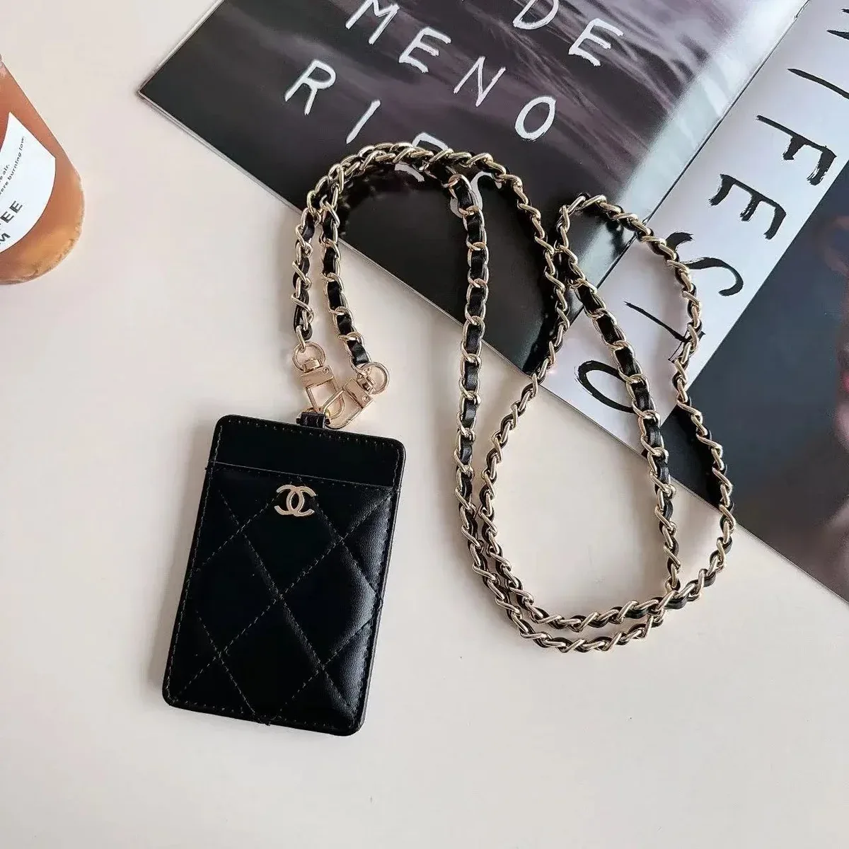 Chanel Chanel Quilted Card Holder with Chain Strap Black Black