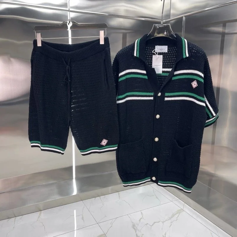 Other Knit Set with Striped Cardigan and Shorts - Black/Green Black - 1