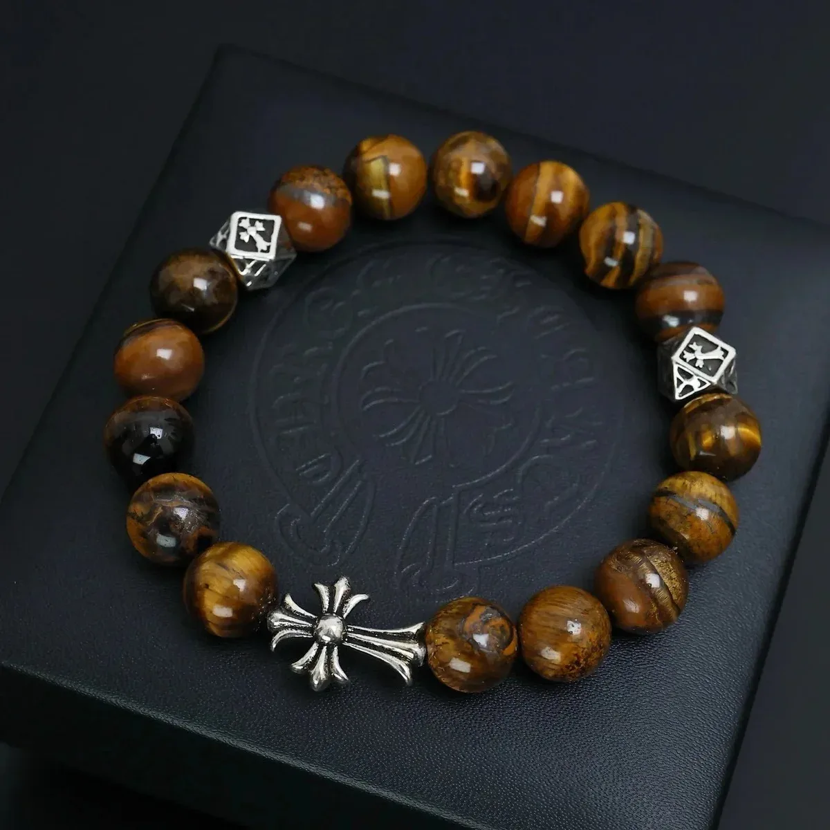 Chrome Hearts Chrome Hearts CH Cross Tiger Eye Bead Bracelet Brown - 1