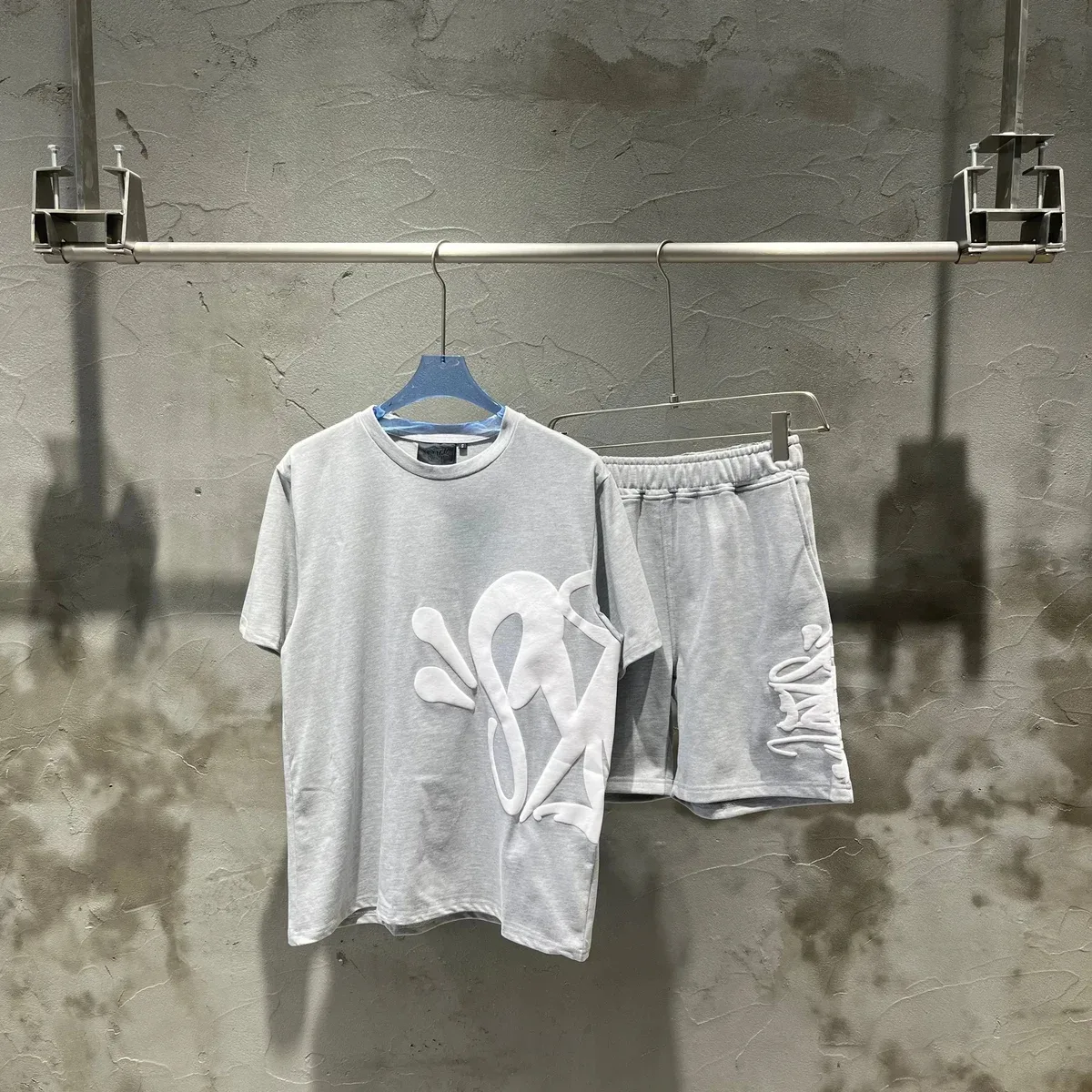 Other Streetwear Set - Grey with White Graphic T-Shirt & Shorts Grey - 1