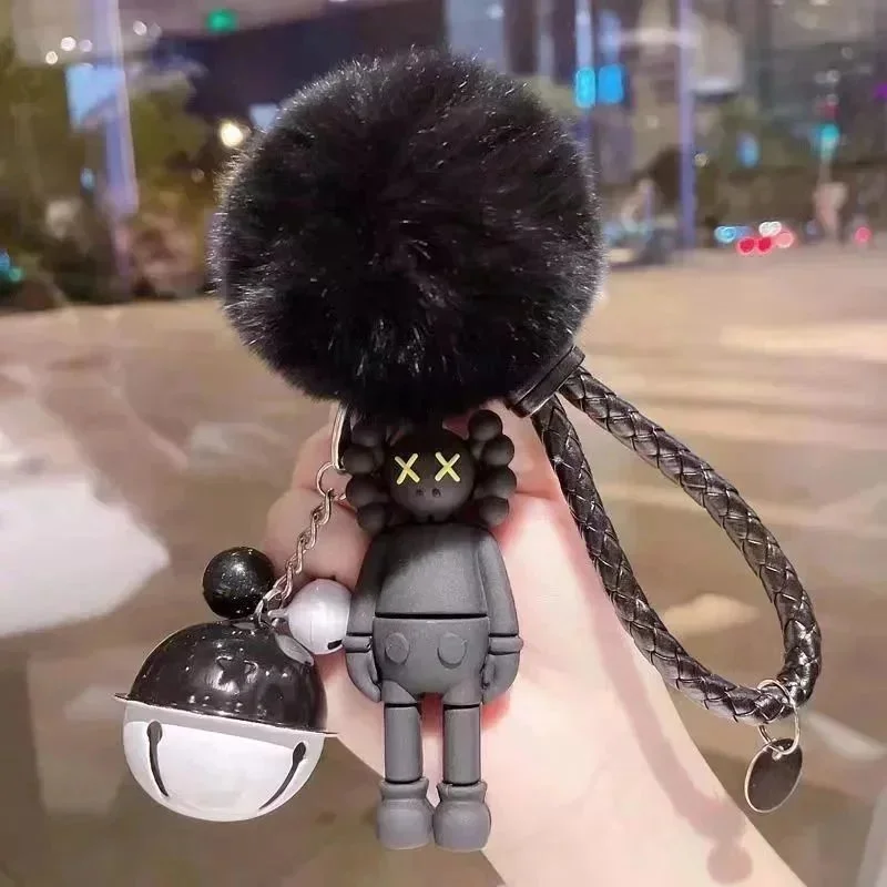 Other KAWS-Inspired Keychain with Pom-Pom and Bell Black - 1