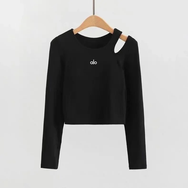 Alo Yoga Alo Black Asymmetric Long Sleeve Crop Top Black - 1