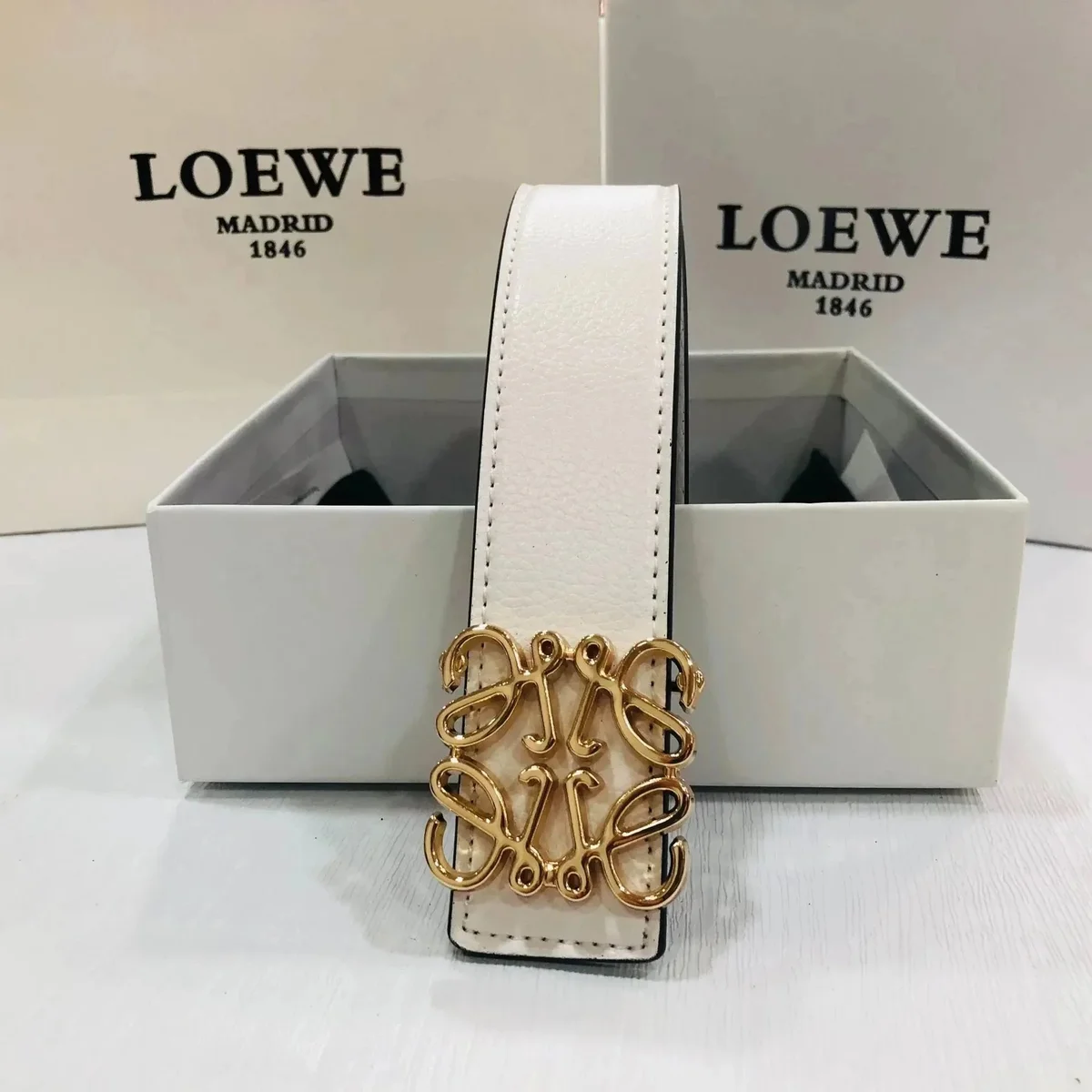 Loewe Loewe Anagram White with Gold Buckle Belt White