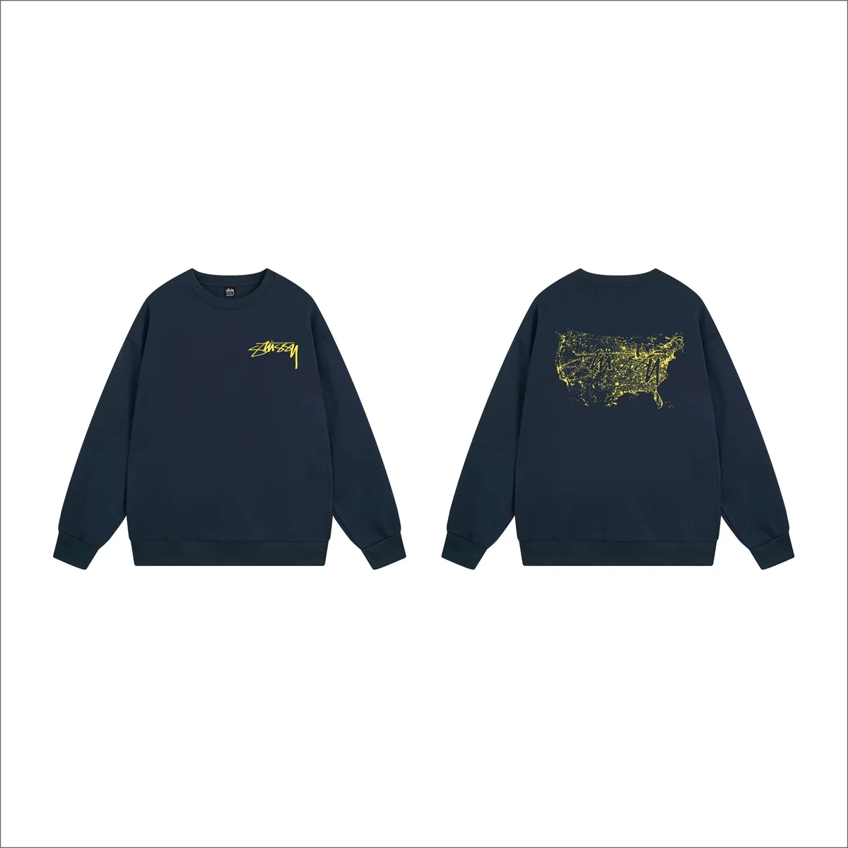 Stussy Stussy Stüssy Map Print Crewneck Sweatshirt Navy Yellow Navy - 1