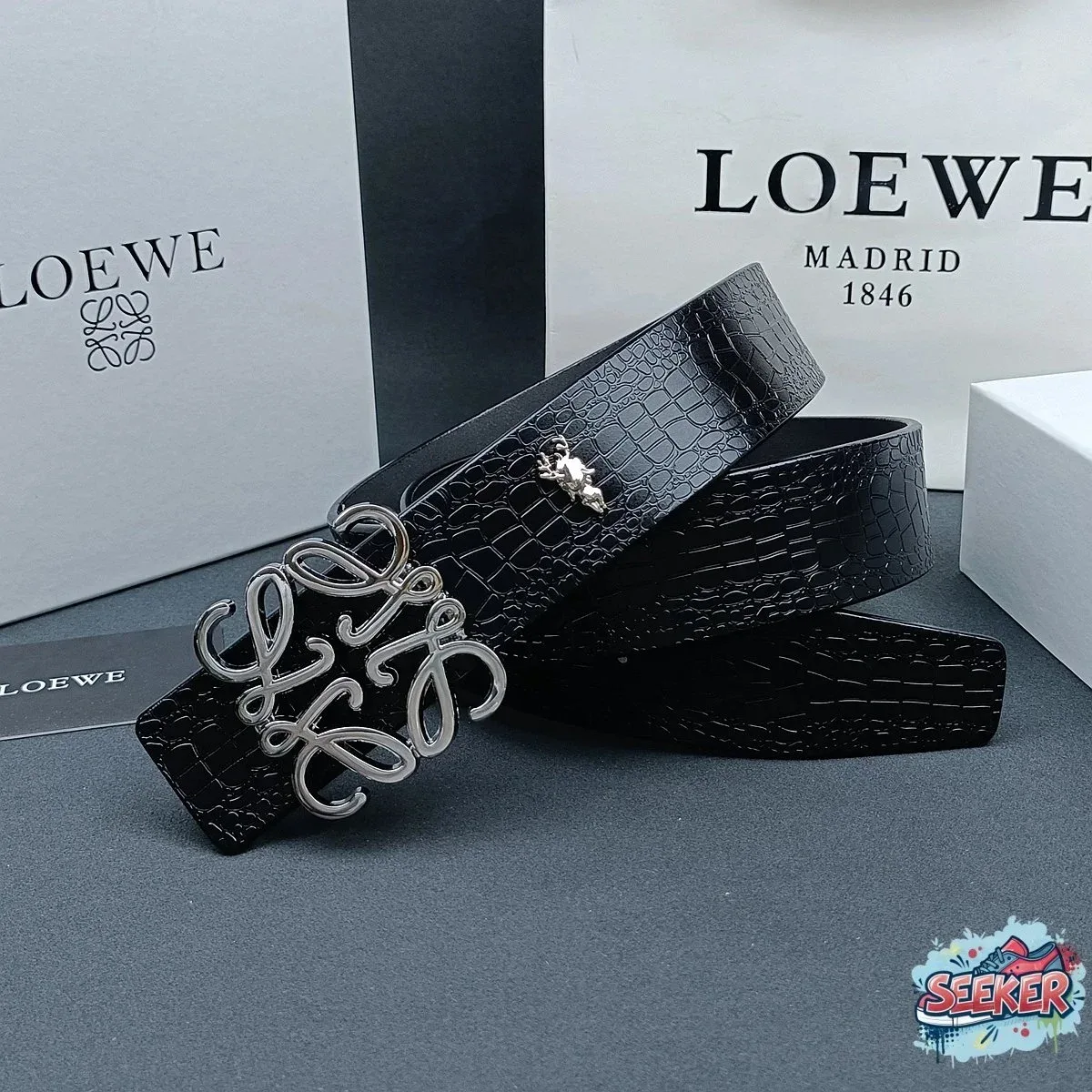 Loewe Loewe Black Crocodile Texture Belt with Silver Buckle Black - 1