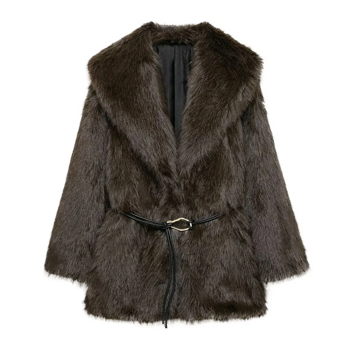 Other Unisex Faux Fur Coat with Belted Waist Brown - 1