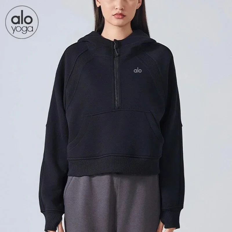 Alo Yoga Alo Yoga Half-Zip Hoodie Black Cropped Top Black - 1