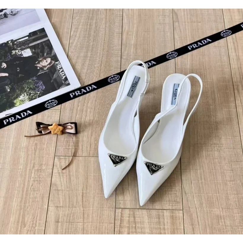 Prada Prada Triangle Logo White Slingback Heels White