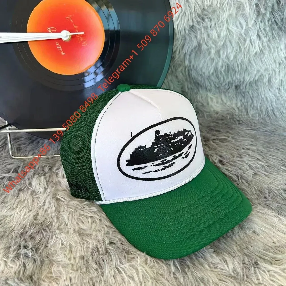 Other Green & White Trucker Cap with Boat Print Headwear Green - 1