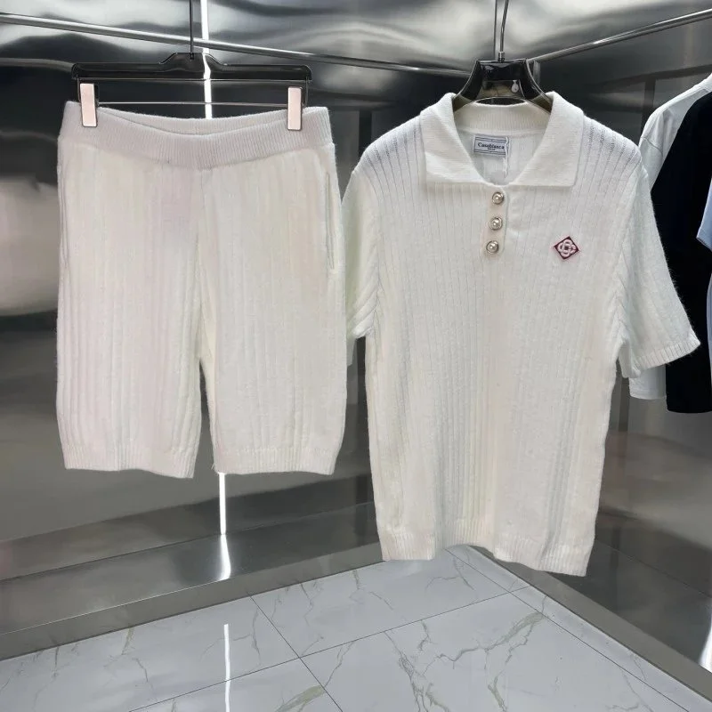 Other White Ribbed Knit Polo & Shorts Set White - 1