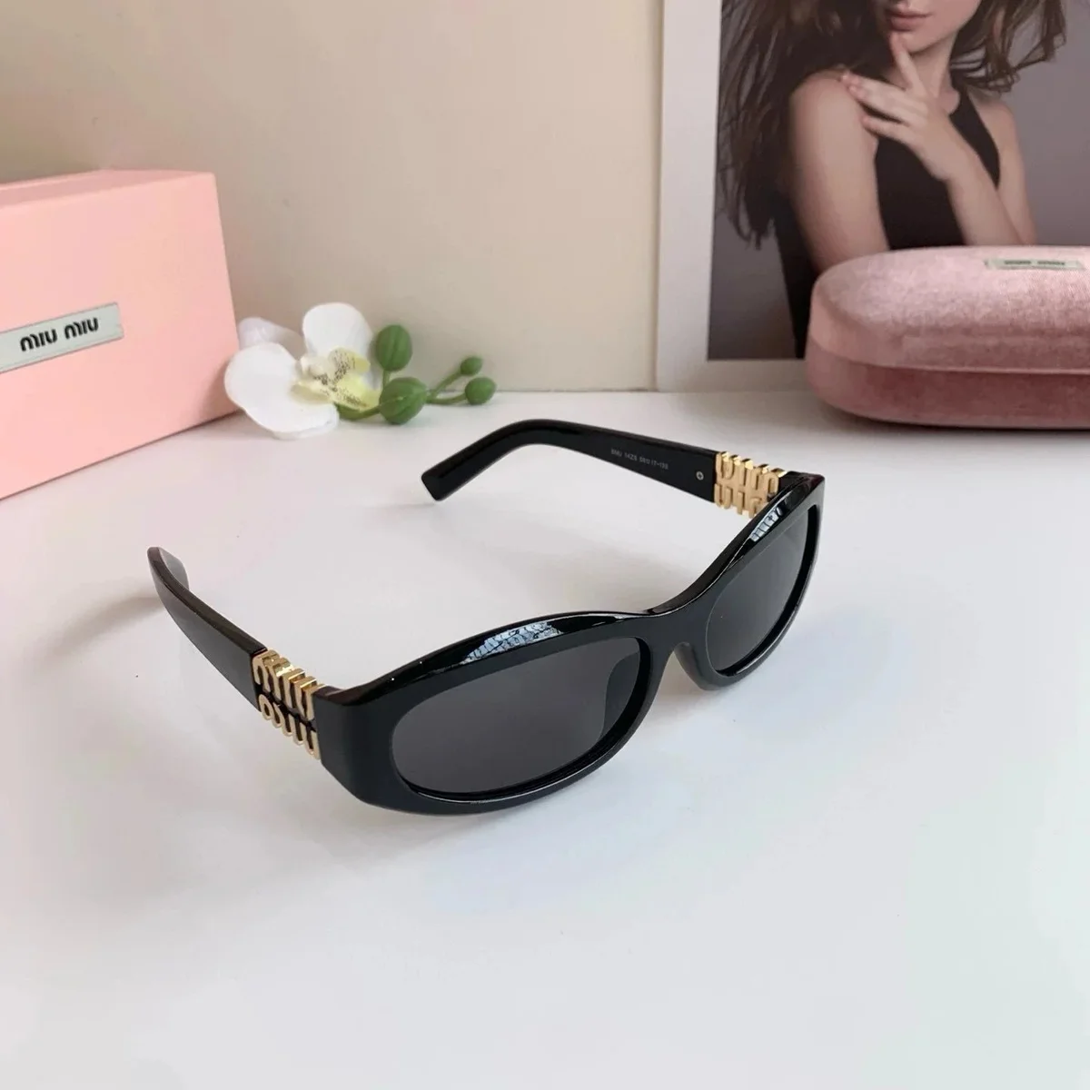 Miu Miu Miu Miu Black Gold Logo Sunglasses Black - 1