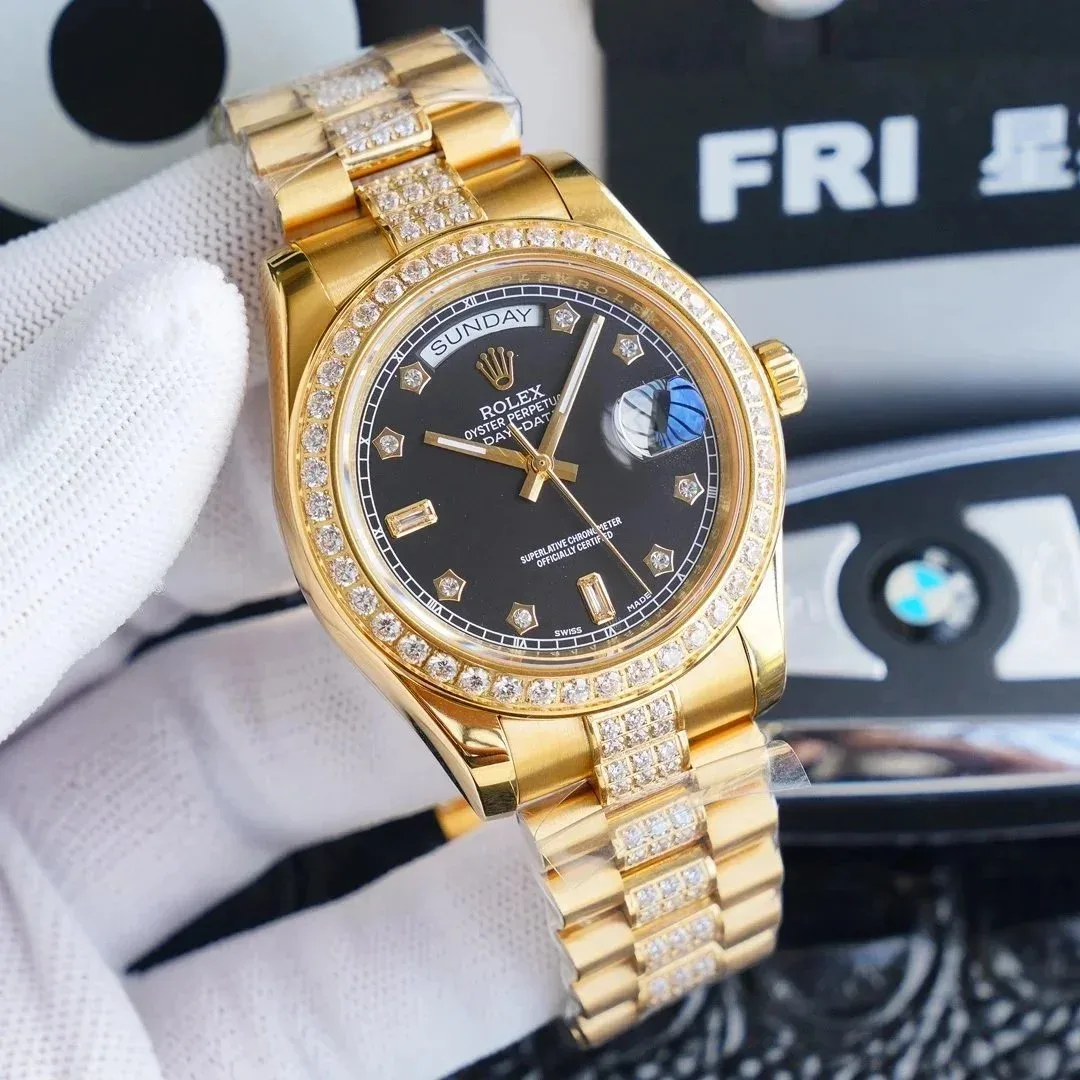 Rolex Rolex Day-Date Black Dial Diamond Bezel 18k Gold Watch Black