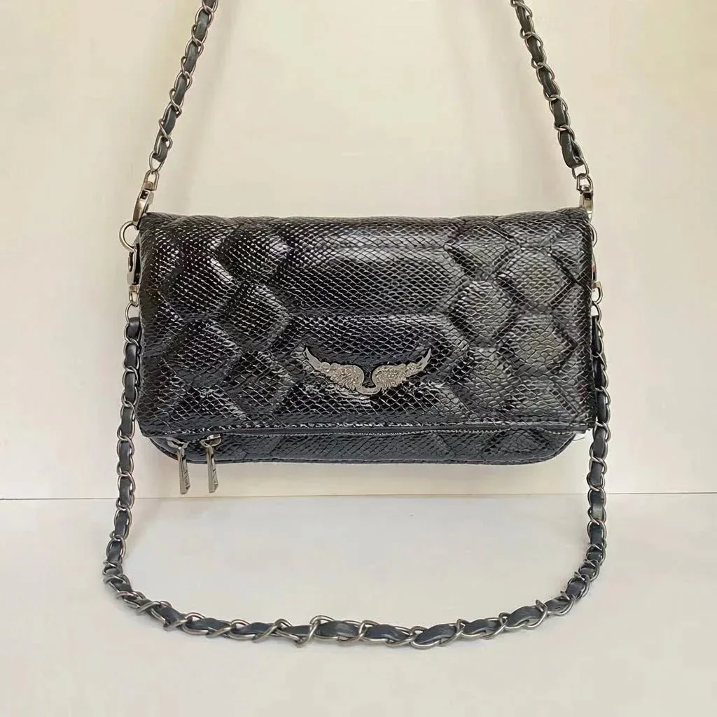 Other Snake Print Embroidered Black Leather Crossbody Bag Black - 1