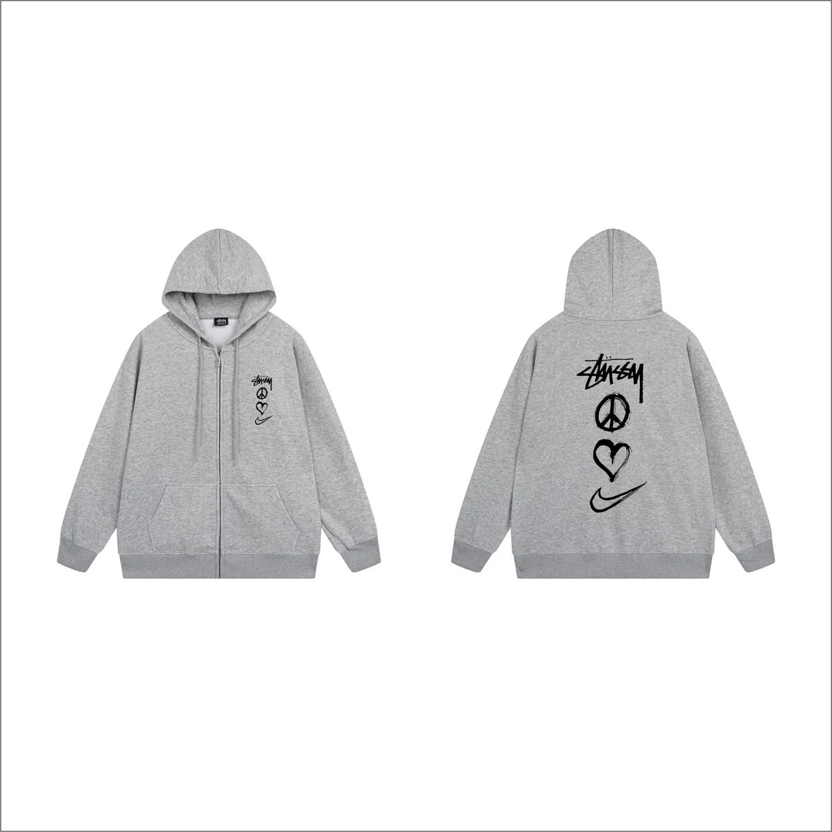 Stussy Stussy Nike Peace Love Zip-Up Hoodie Grey Grey - 1