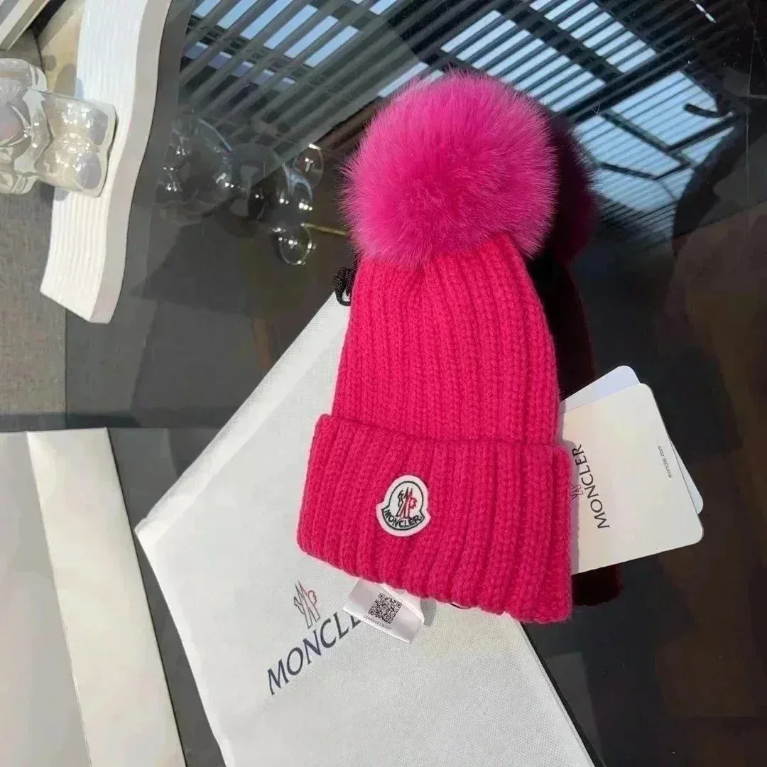 Moncler Pink Fur Pom Beanie Hat