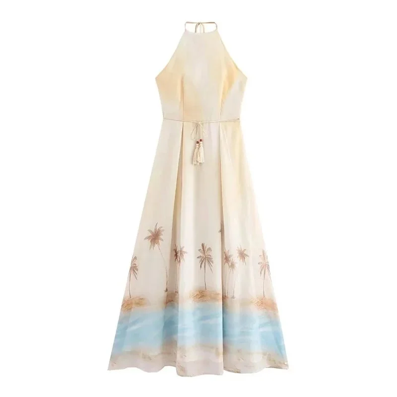Other Unisex Printed Palm Tree Maxi Dress Beige - 1