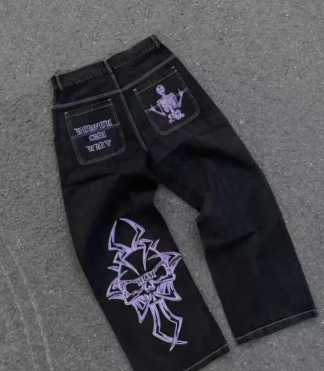 Black 'Heaven Can Wait' Jeans with Skull Print