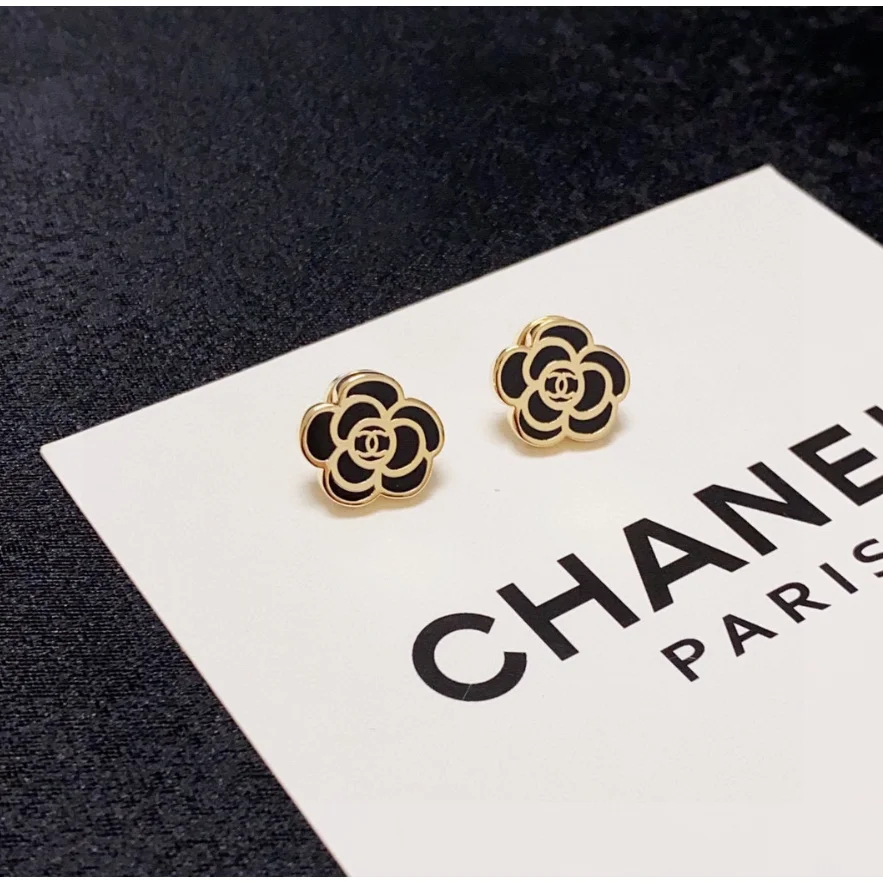 Chanel Chanel Camellia Black & Gold Stud Earrings Black - 1